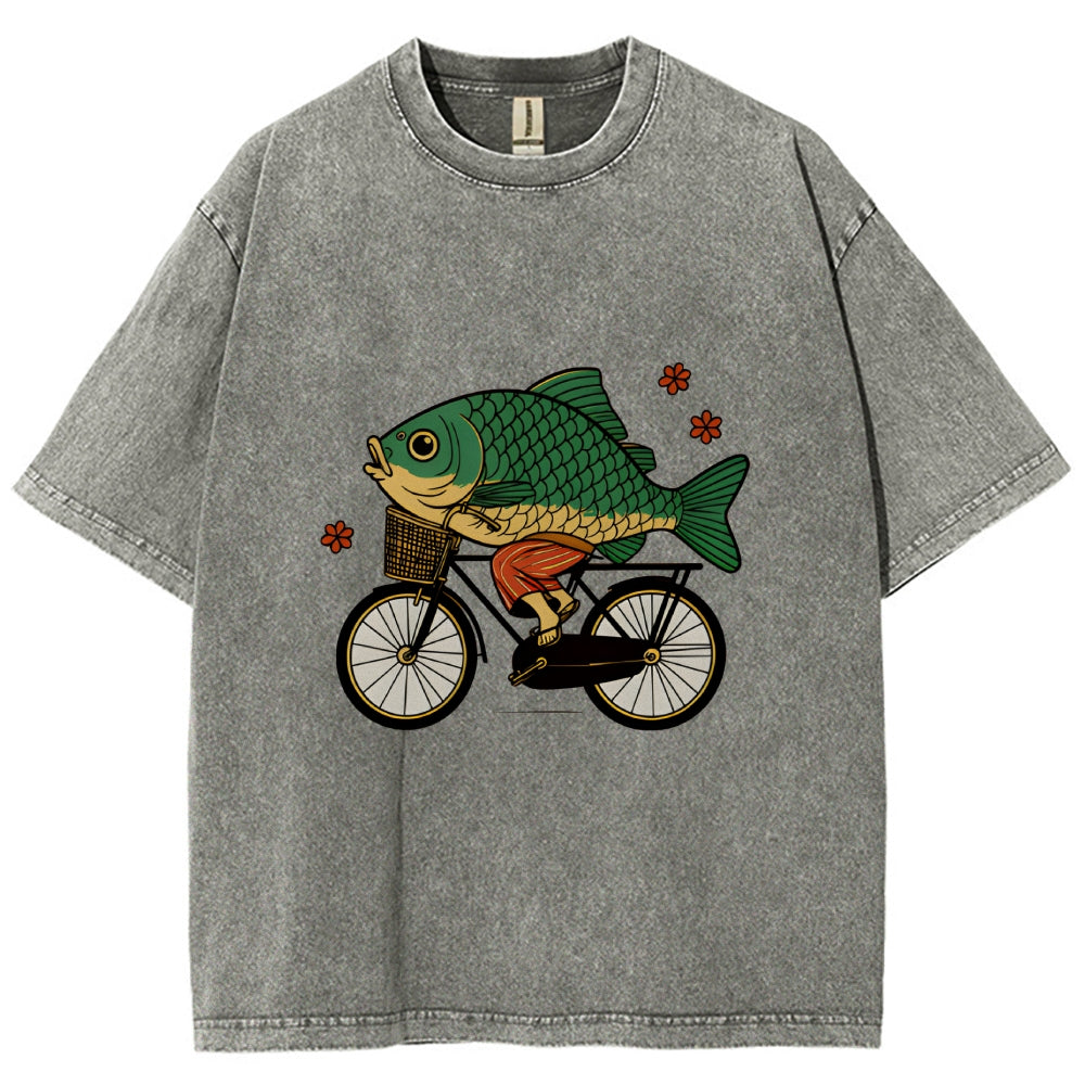 Funny Fish Riding A Bicycle Washed T-Shirt