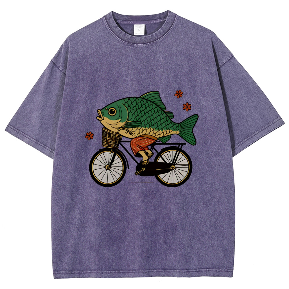 Funny Fish Riding A Bicycle Washed T-Shirt