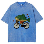 Funny Fish Riding A Bicycle Washed T-Shirt