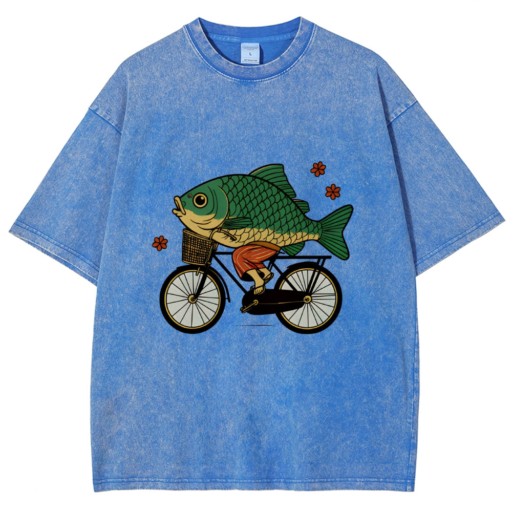 Funny Fish Riding A Bicycle Washed T-Shirt