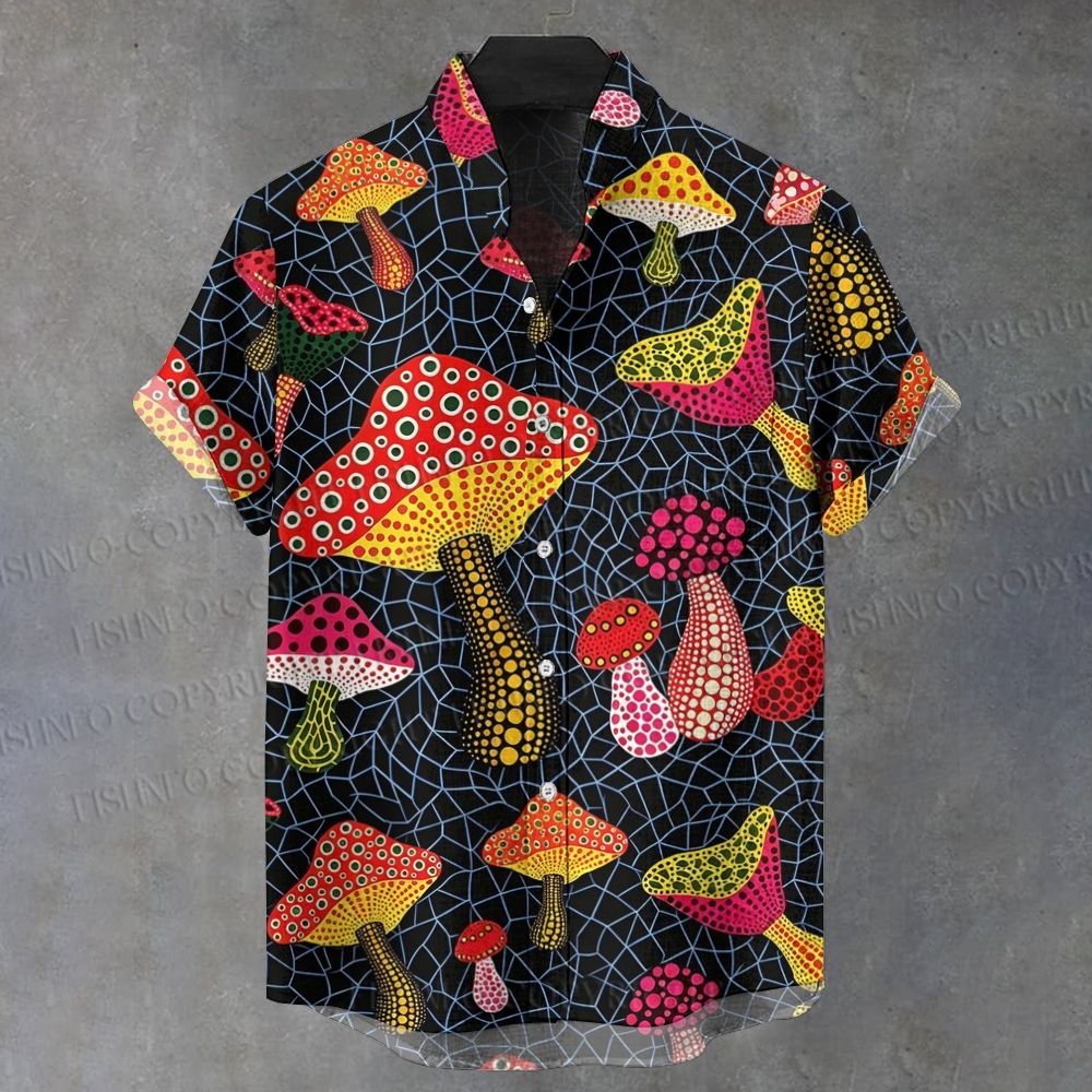 Men's Stand Collar Yayoi Kusama Mushrooms Printed Short Sleeve Shirt