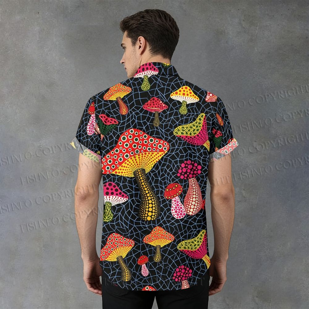 Men's Stand Collar Yayoi Kusama Mushrooms Printed Short Sleeve Shirt