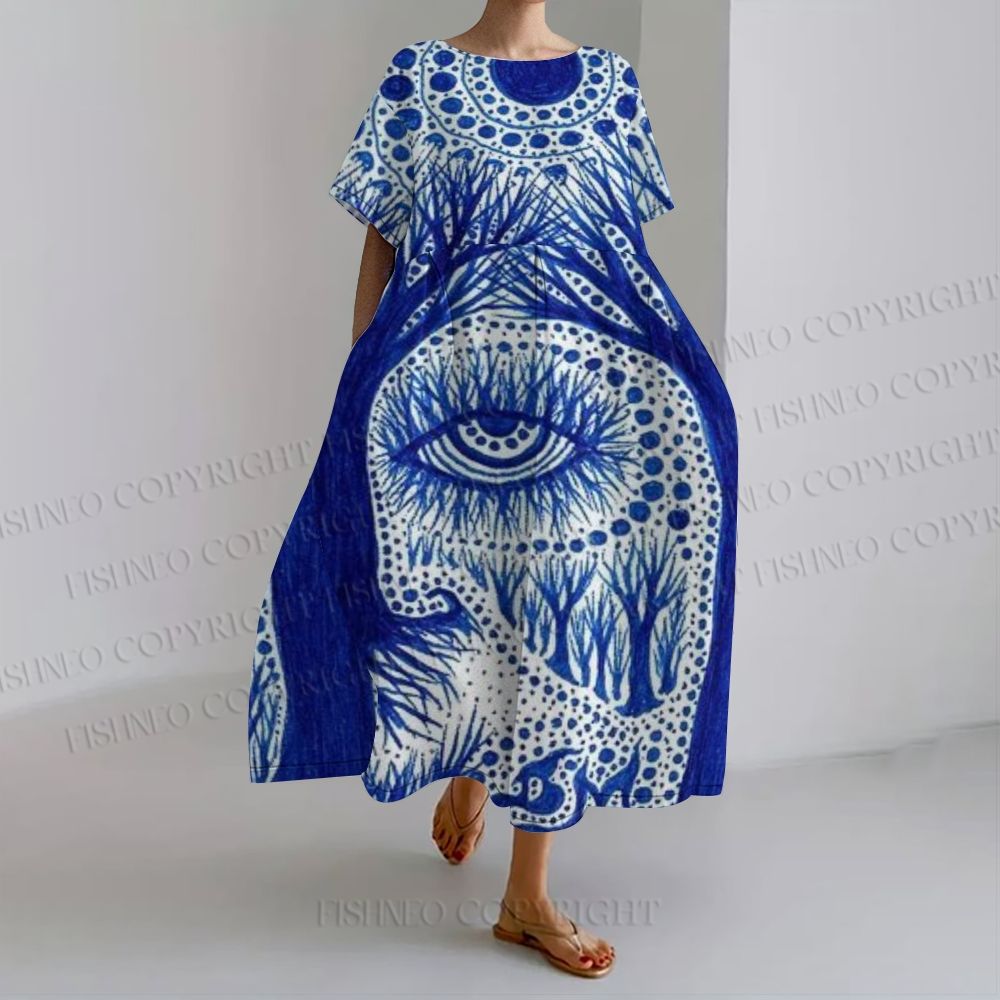 Women's Eye Tree Loose Fit Round Neck Long Sleeve Maxi Dress