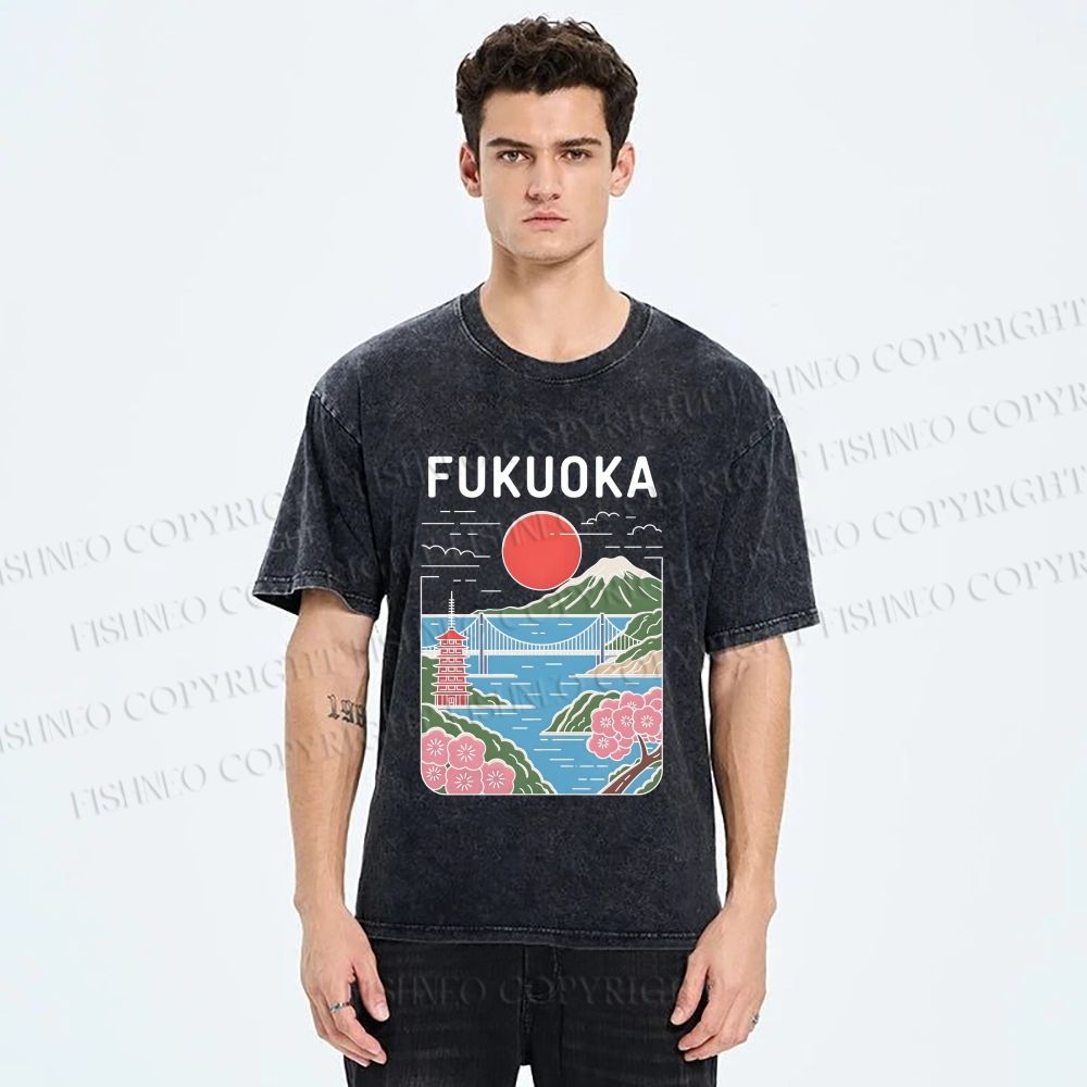 Unisex Fukuoka Japan Printed Washed Tee