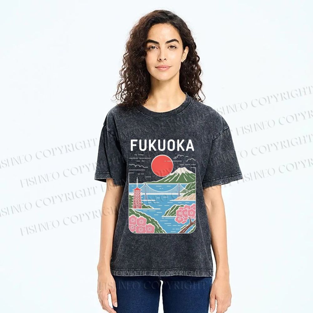 Unisex Fukuoka Japan Printed Washed Tee