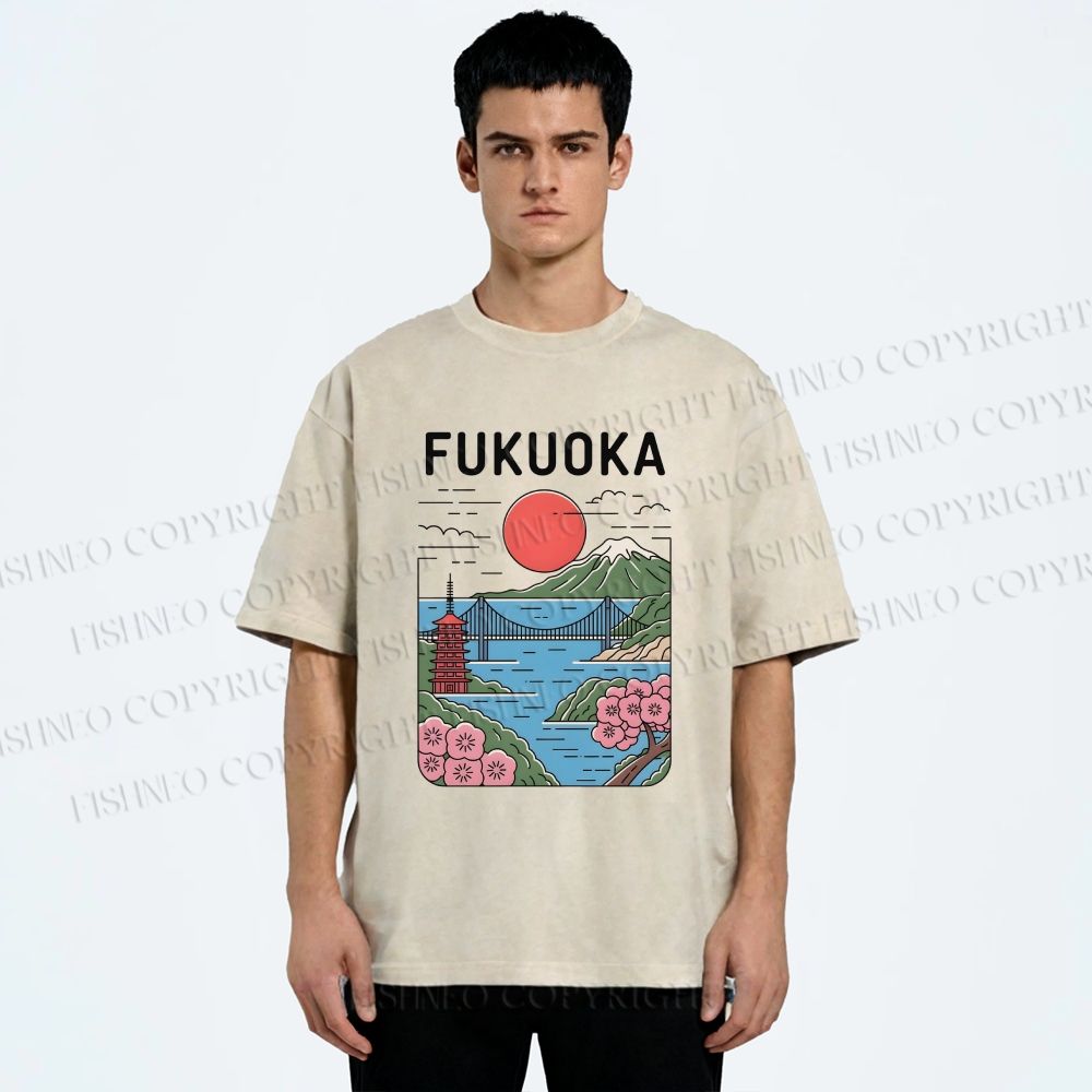 Unisex Fukuoka Japan Printed Washed Tee