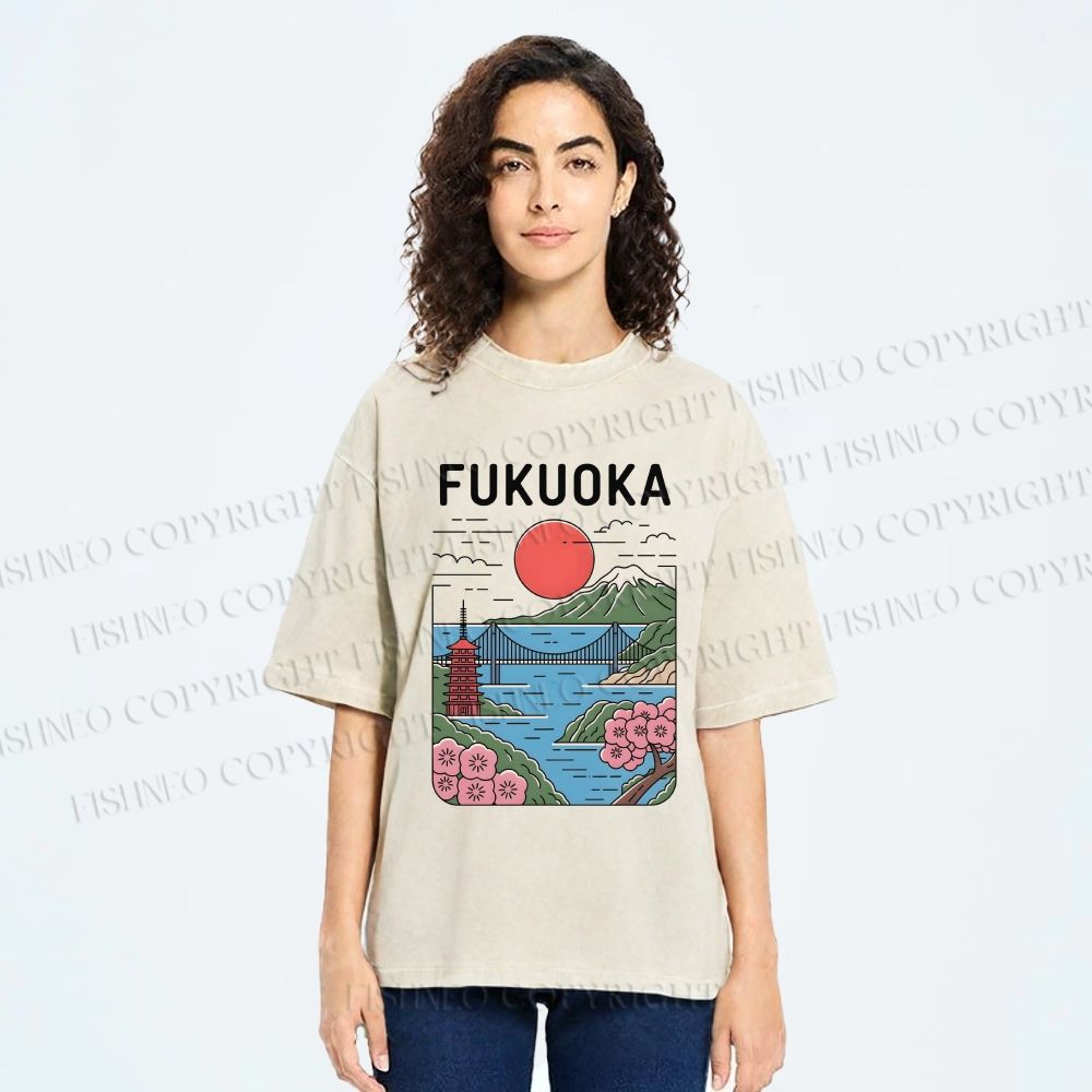 Unisex Fukuoka Japan Printed Washed Tee