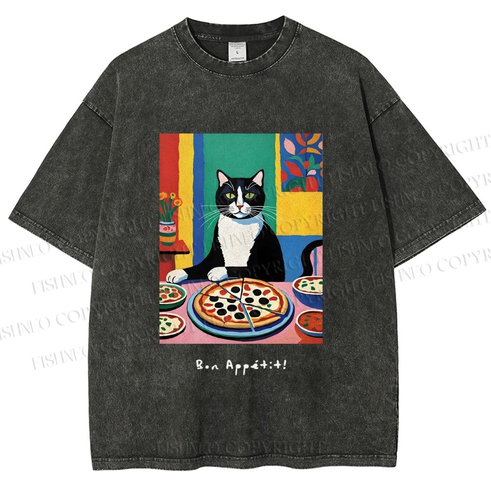 Unisex Pizza Cat Printed Washed Tee