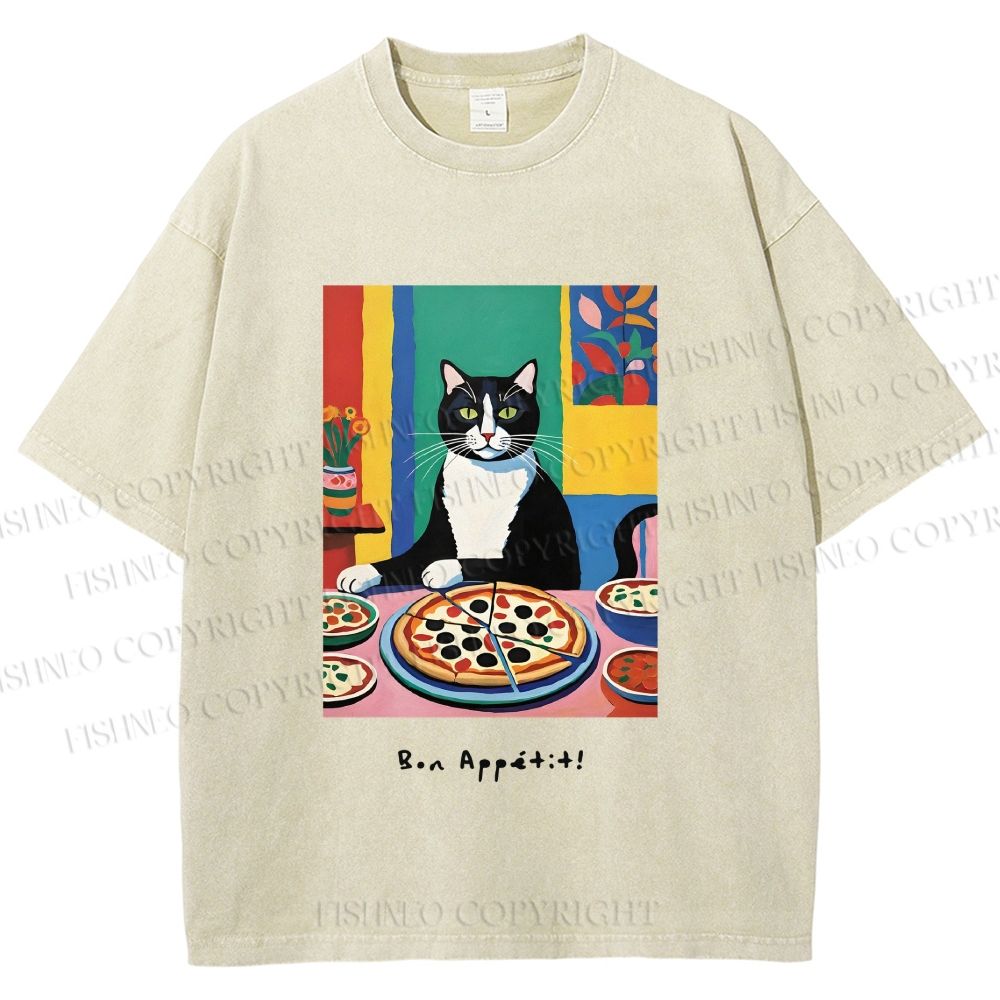 Unisex Pizza Cat Printed Washed Tee