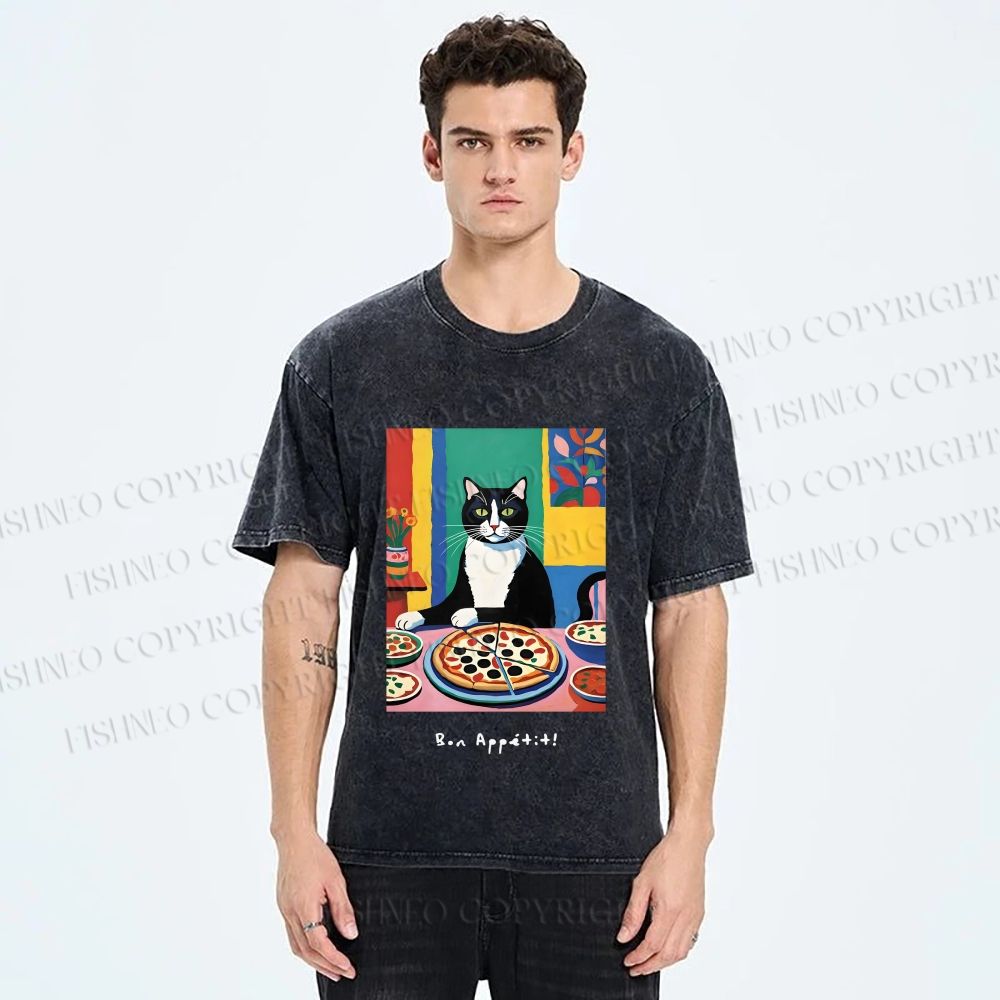 Unisex Pizza Cat Printed Washed Tee