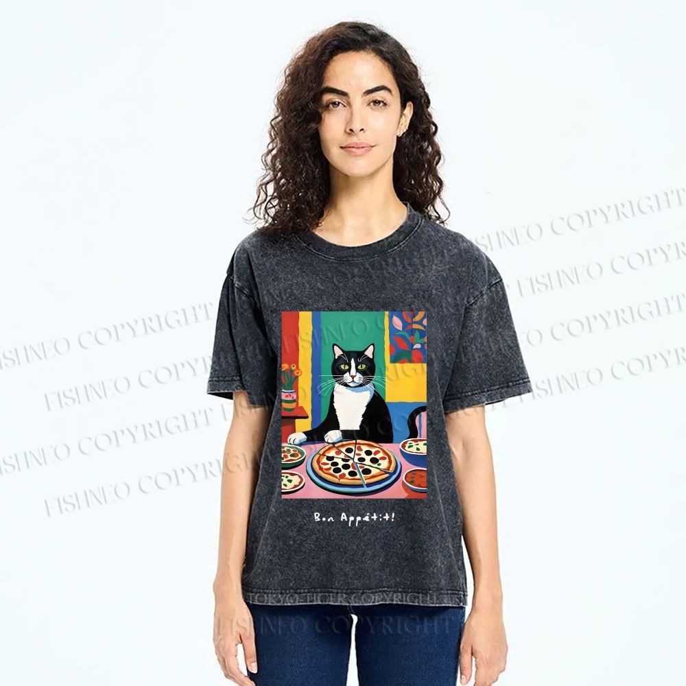 Unisex Pizza Cat Printed Washed Tee