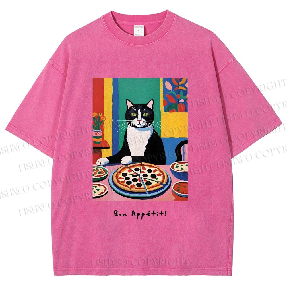 Unisex Pizza Cat Printed Washed Tee