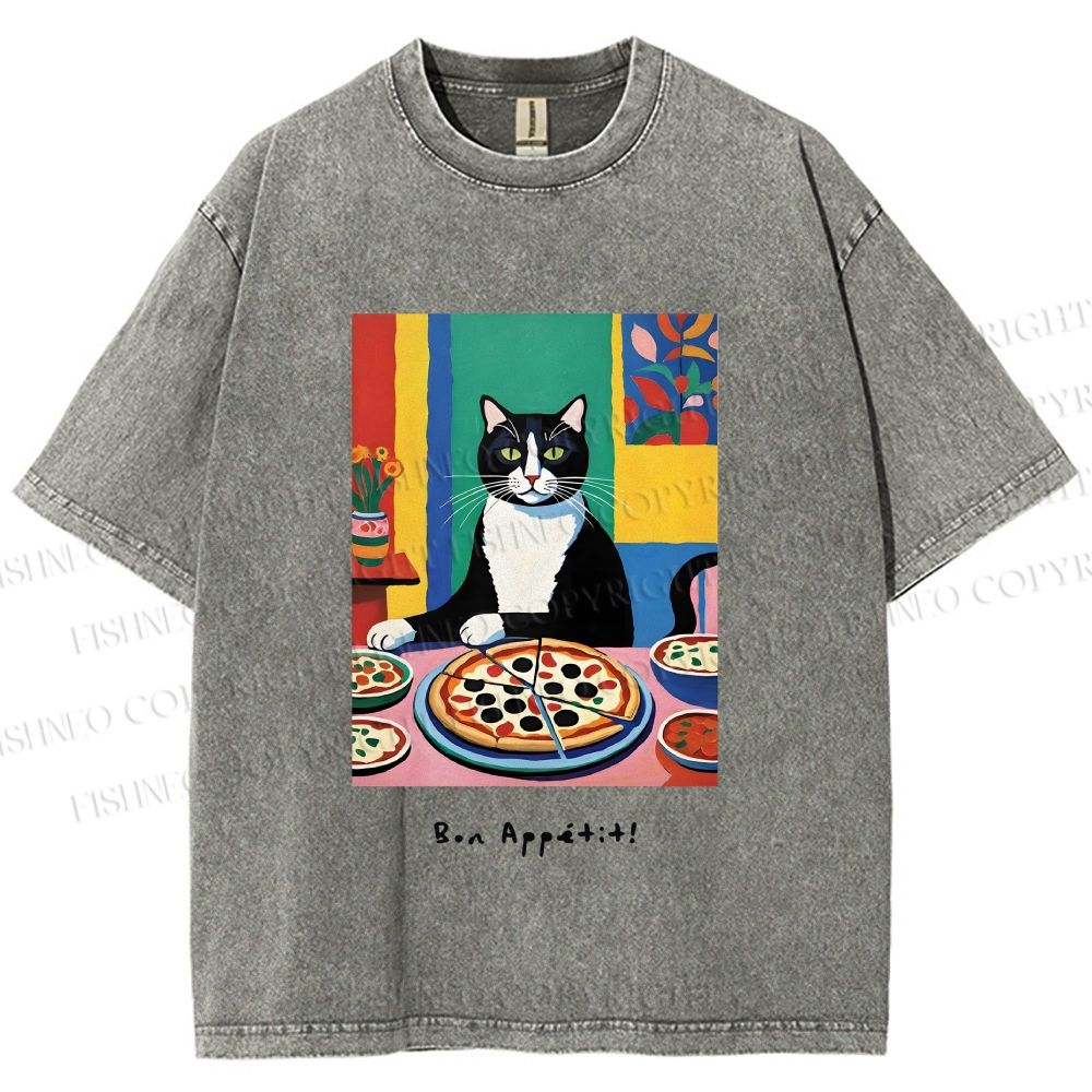 Unisex Pizza Cat Printed Washed Tee
