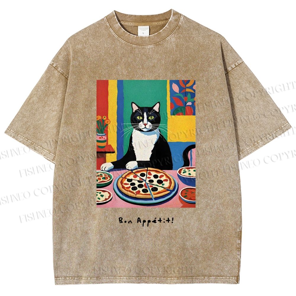 Unisex Pizza Cat Printed Washed Tee