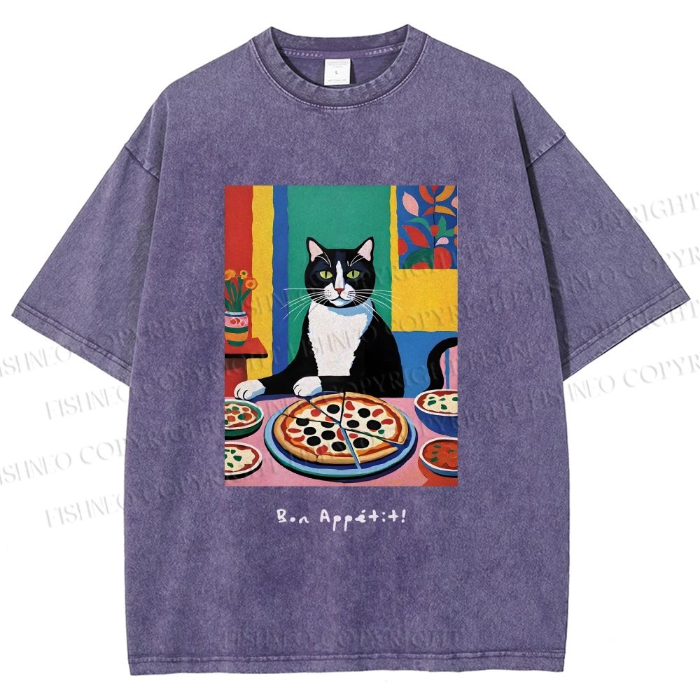 Unisex Pizza Cat Printed Washed Tee