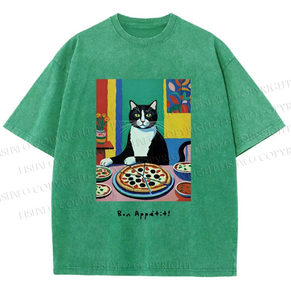 Unisex Pizza Cat Printed Washed Tee