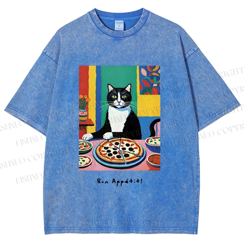 Unisex Pizza Cat Printed Washed Tee