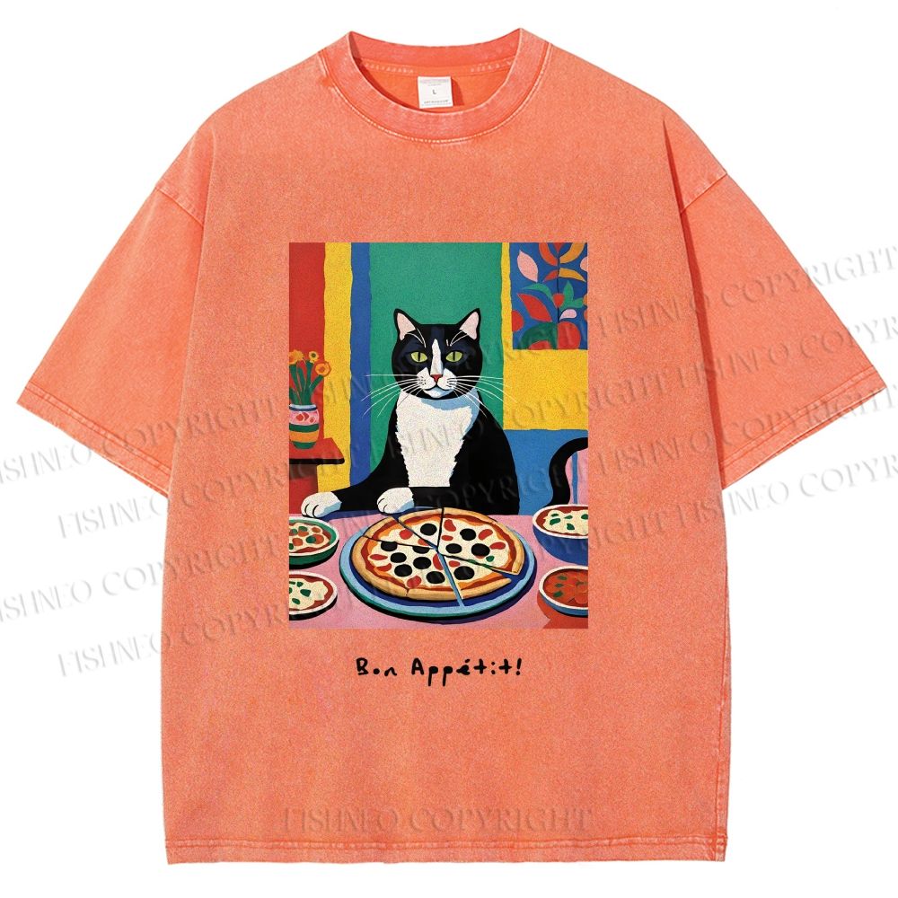 Unisex Pizza Cat Printed Washed Tee