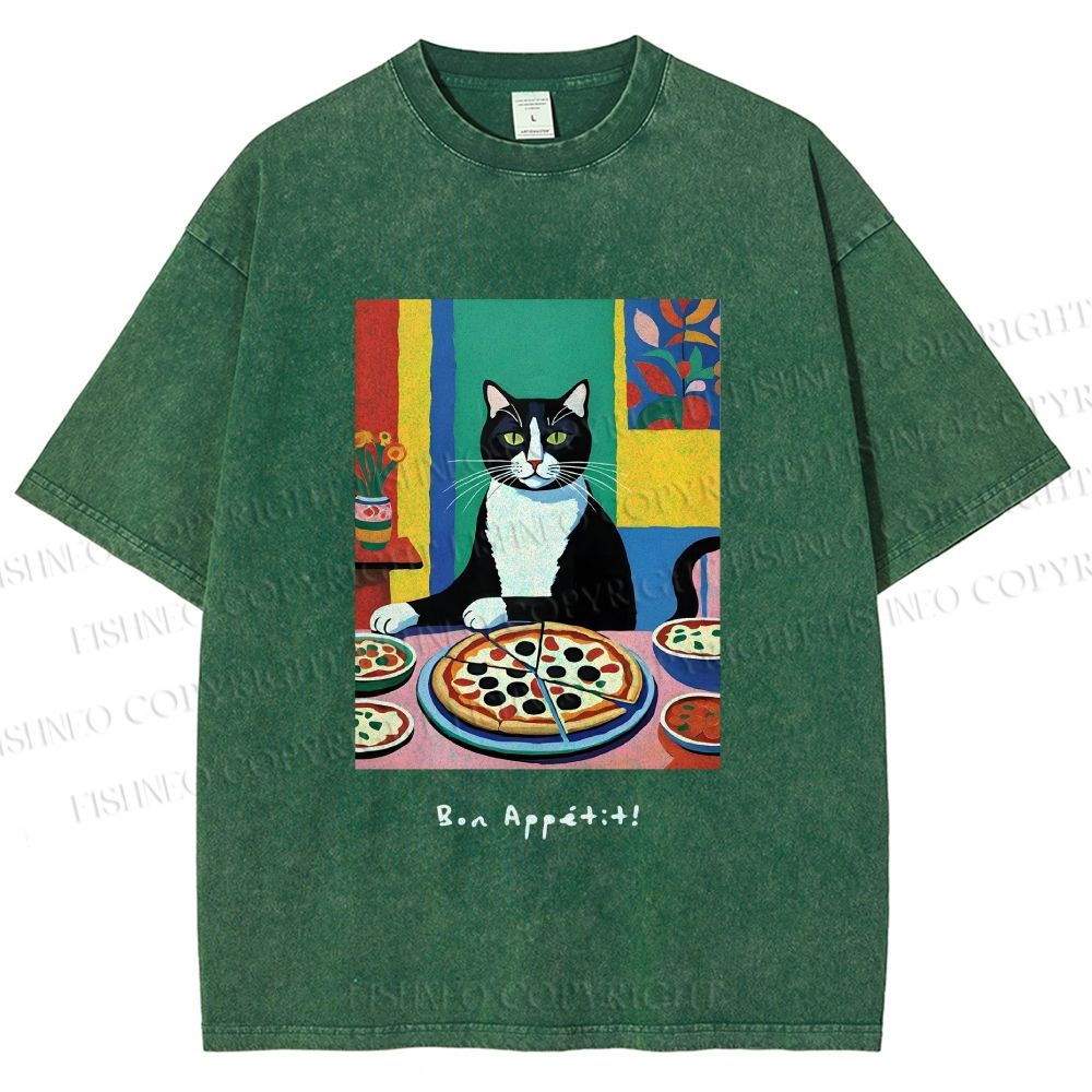 Unisex Pizza Cat Printed Washed Tee