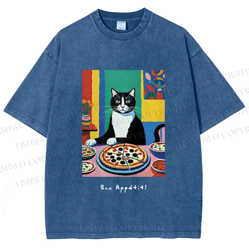 Unisex Pizza Cat Printed Washed Tee