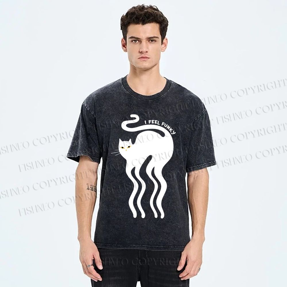 Unisex I Feel Funky Cat Printed Washed Tee
