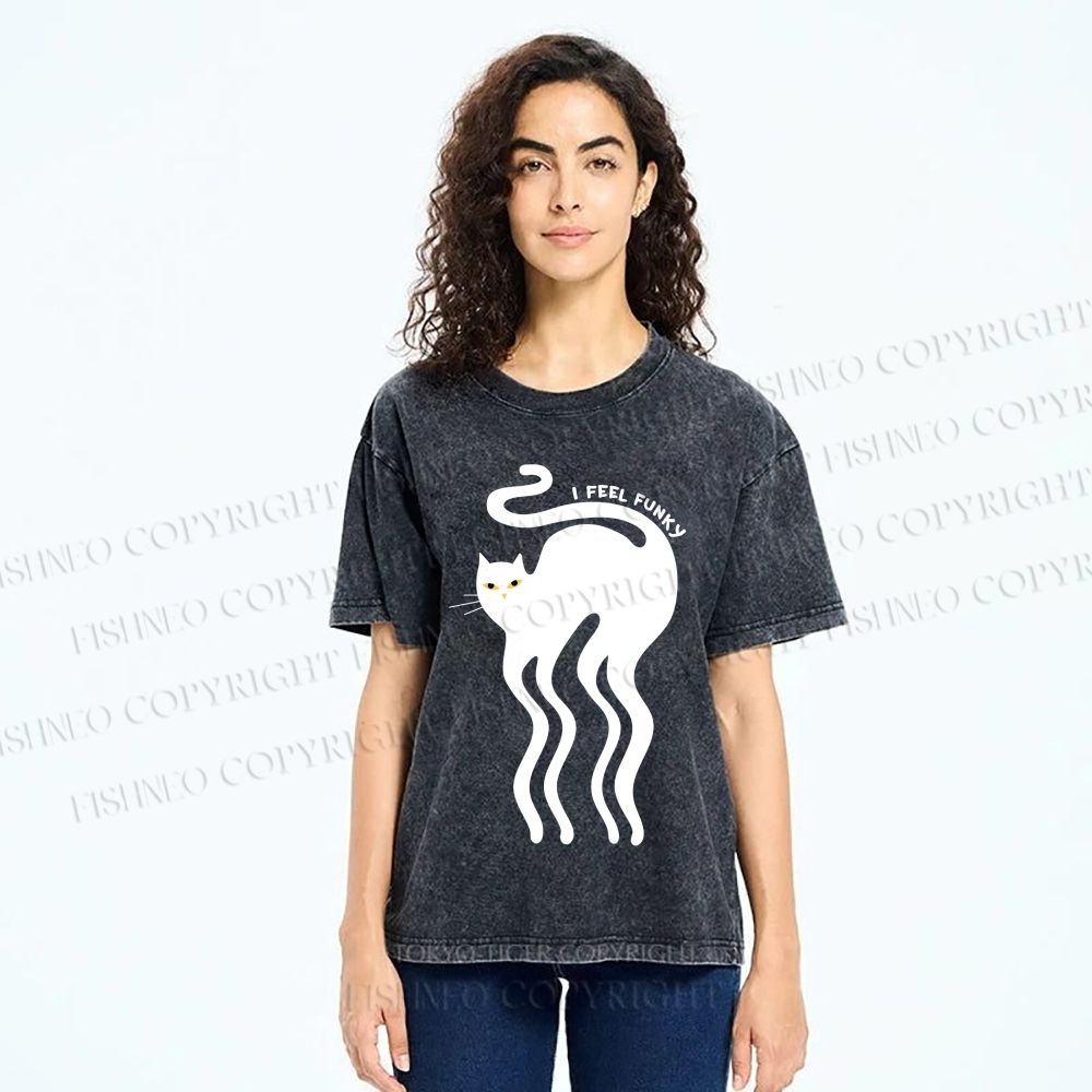 Unisex I Feel Funky Cat Printed Washed Tee