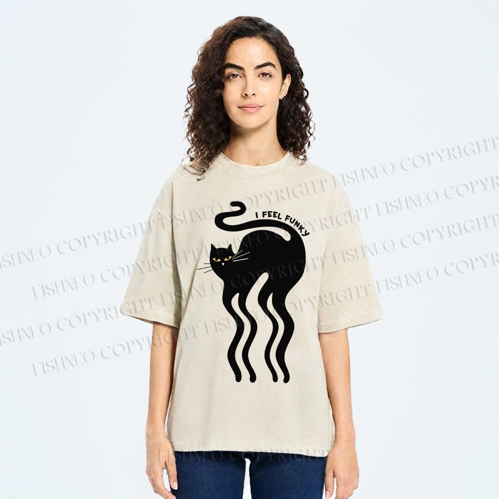 Unisex I Feel Funky Cat Printed Washed Tee