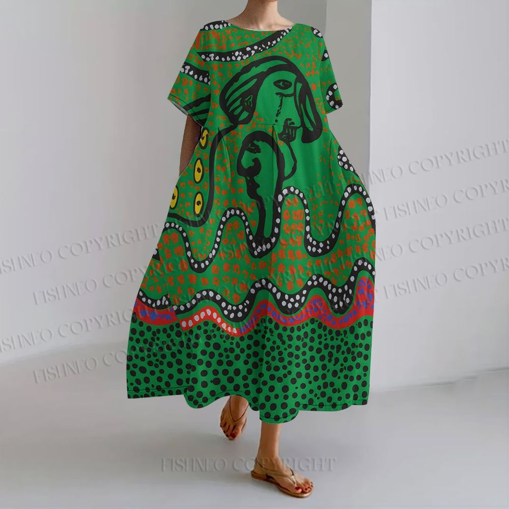 Women's Yayoi Kusama Polka Dot Loose Fit Round Neck Long Sleeve Maxi Dress
