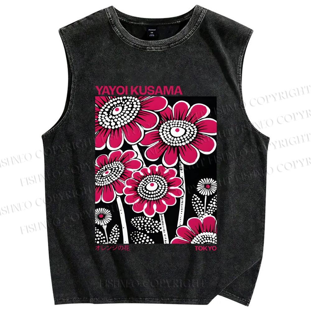 Unisex Yayoi Kusama Big Pink Flowers Printed Washed Tank Top