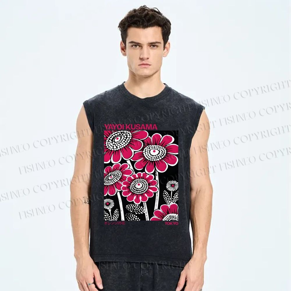Unisex Yayoi Kusama Big Pink Flowers Printed Washed Tank Top