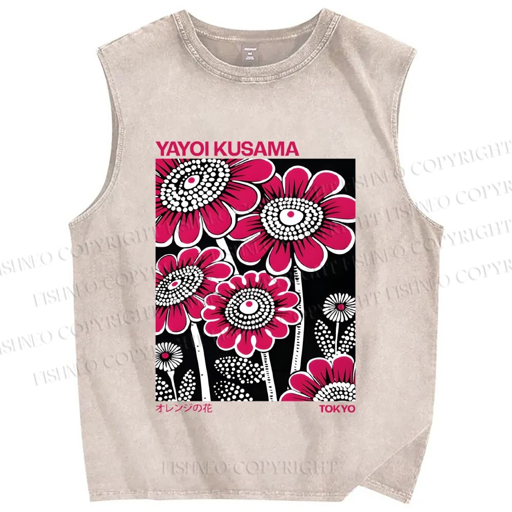 Unisex Yayoi Kusama Big Pink Flowers Printed Washed Tank Top