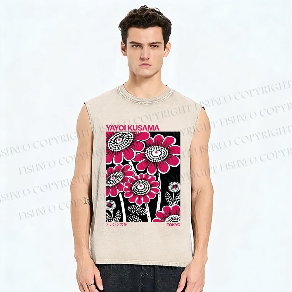 Unisex Yayoi Kusama Big Pink Flowers Printed Washed Tank Top