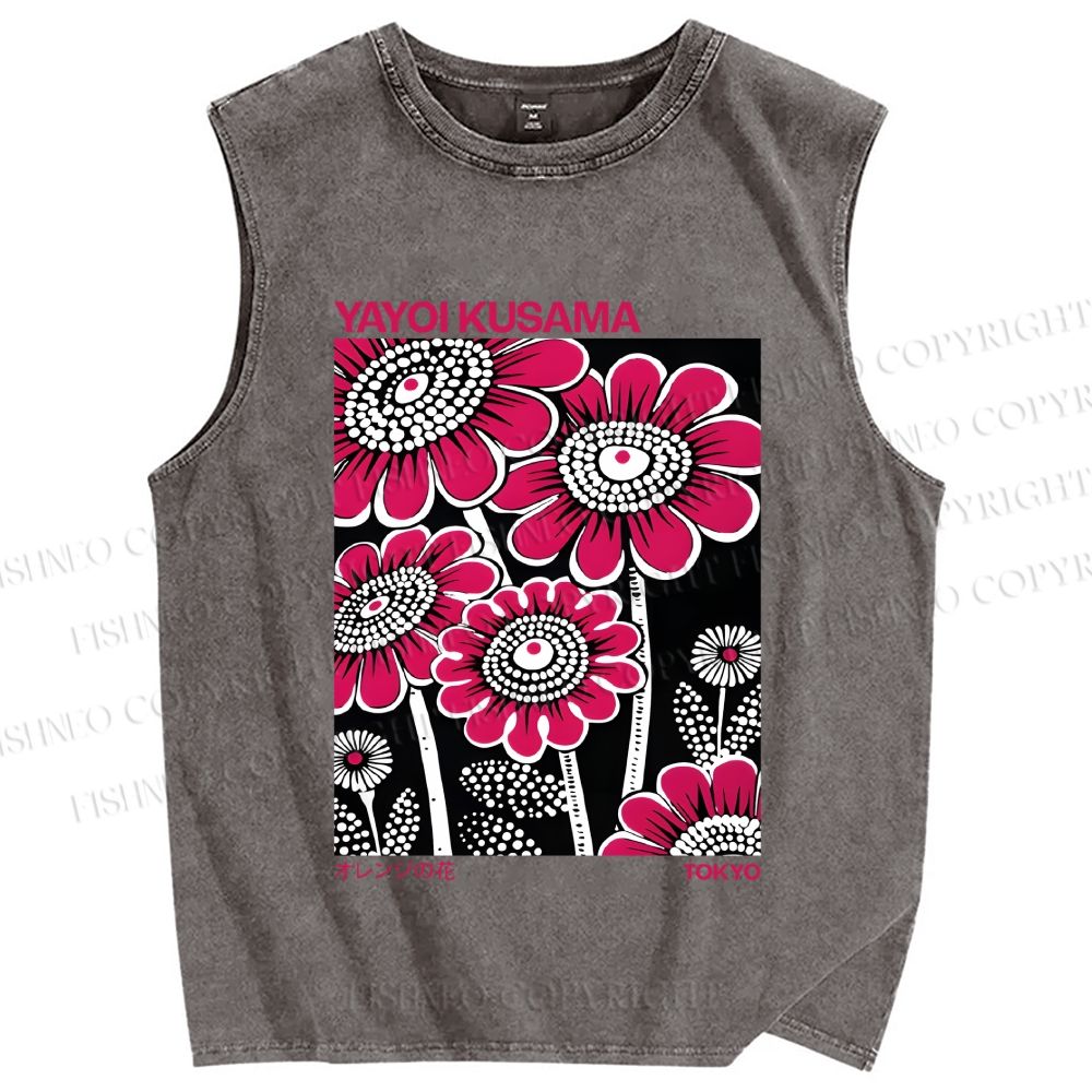 Unisex Yayoi Kusama Big Pink Flowers Printed Washed Tank Top