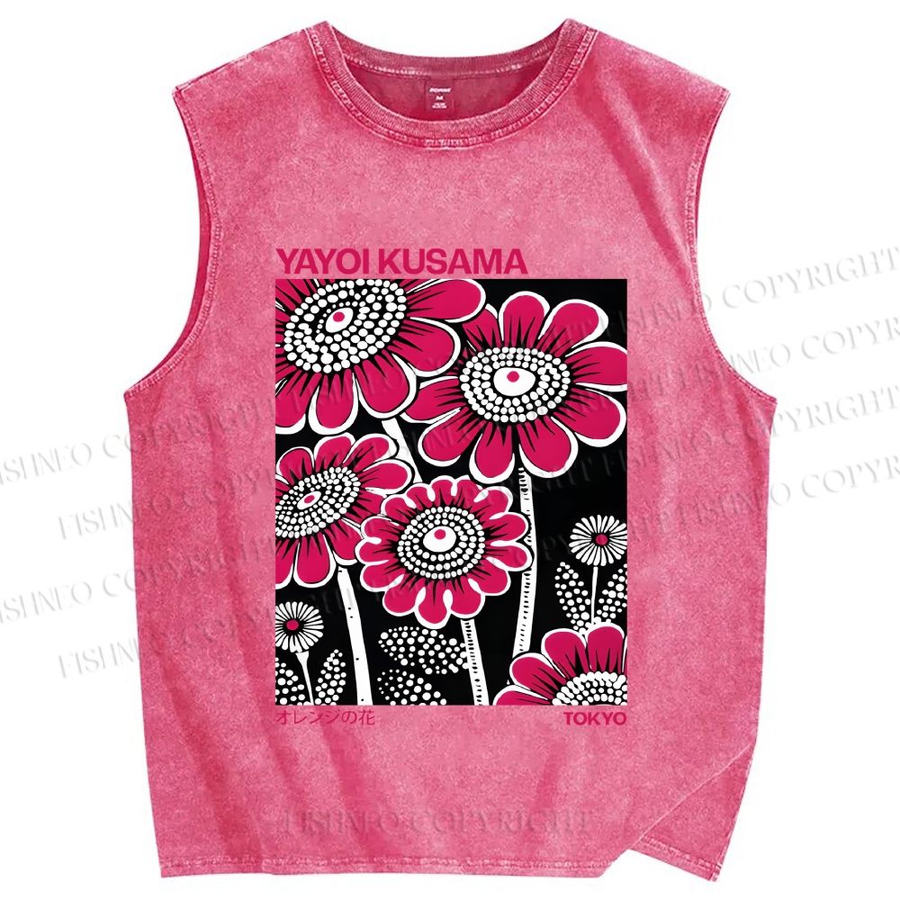 Unisex Yayoi Kusama Big Pink Flowers Printed Washed Tank Top