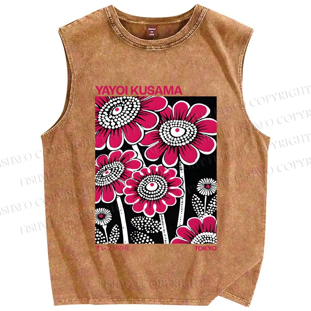 Unisex Yayoi Kusama Big Pink Flowers Printed Washed Tank Top