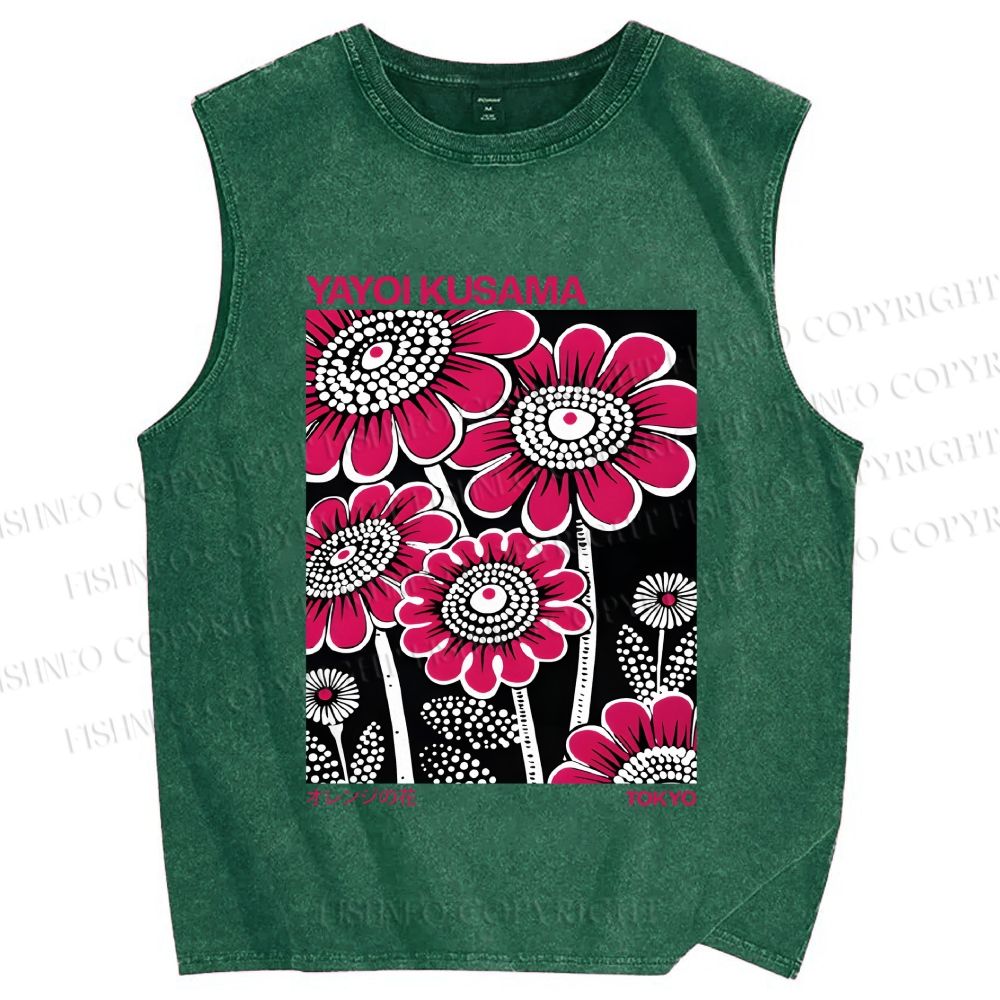Unisex Yayoi Kusama Big Pink Flowers Printed Washed Tank Top