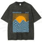 Unisex Bauhaus Sea Wave Sunset Printed Washed Tee