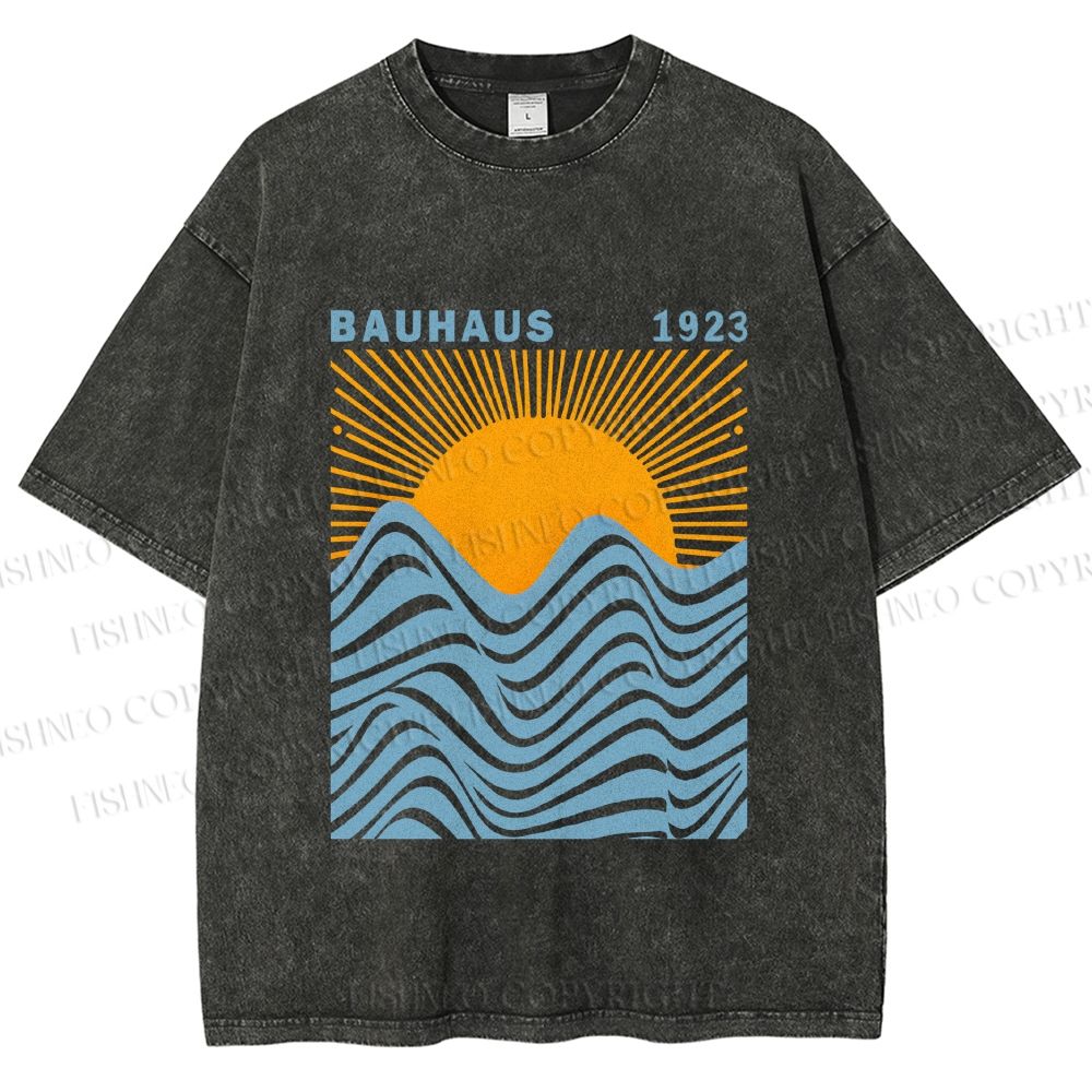Unisex Bauhaus Sea Wave Sunset Printed Washed Tee