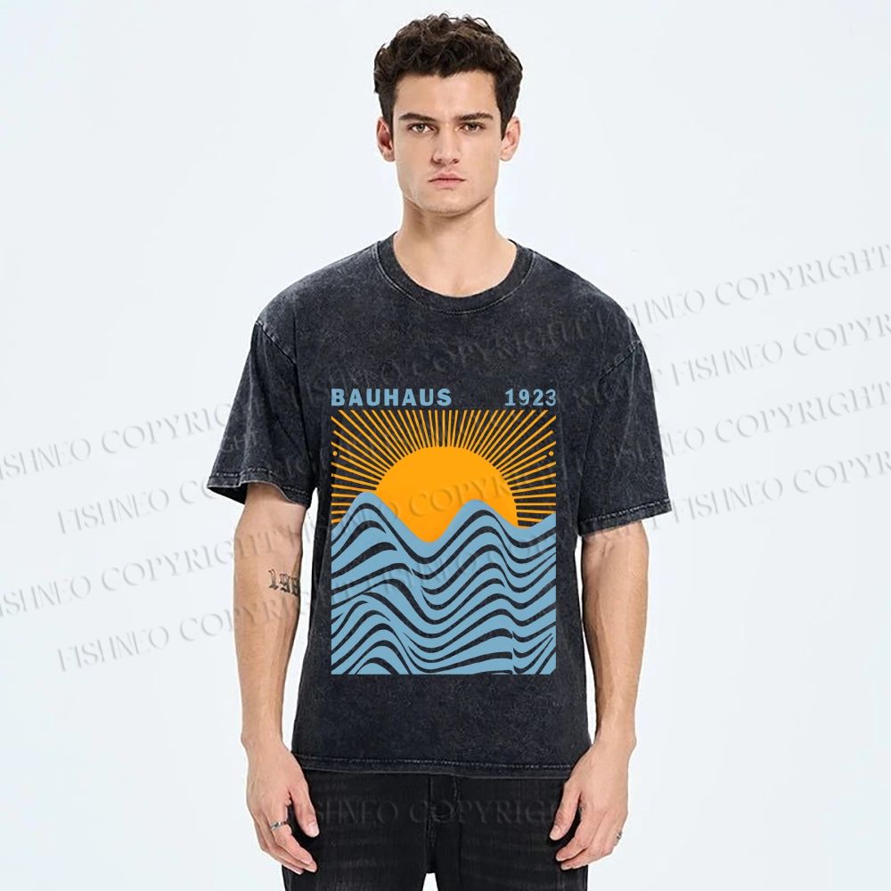 Unisex Bauhaus Sea Wave Sunset Printed Washed Tee