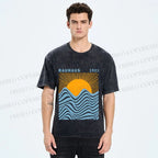 Unisex Bauhaus Sea Wave Sunset Printed Washed Tee