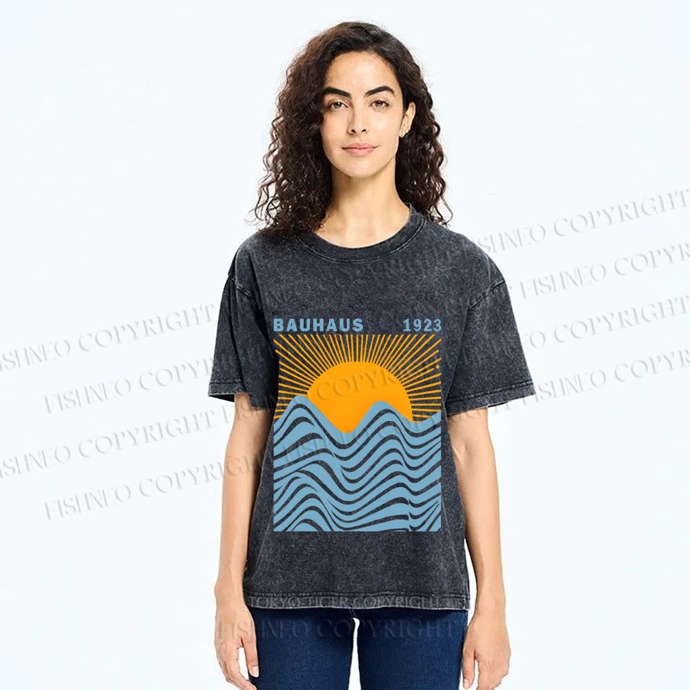 Unisex Bauhaus Sea Wave Sunset Printed Washed Tee