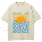 Unisex Bauhaus Sea Wave Sunset Printed Washed Tee