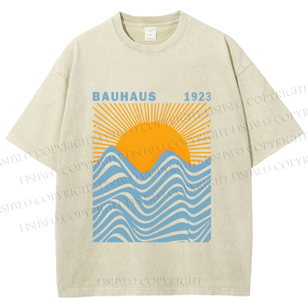 Unisex Bauhaus Sea Wave Sunset Printed Washed Tee