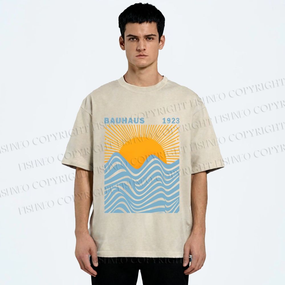 Unisex Bauhaus Sea Wave Sunset Printed Washed Tee