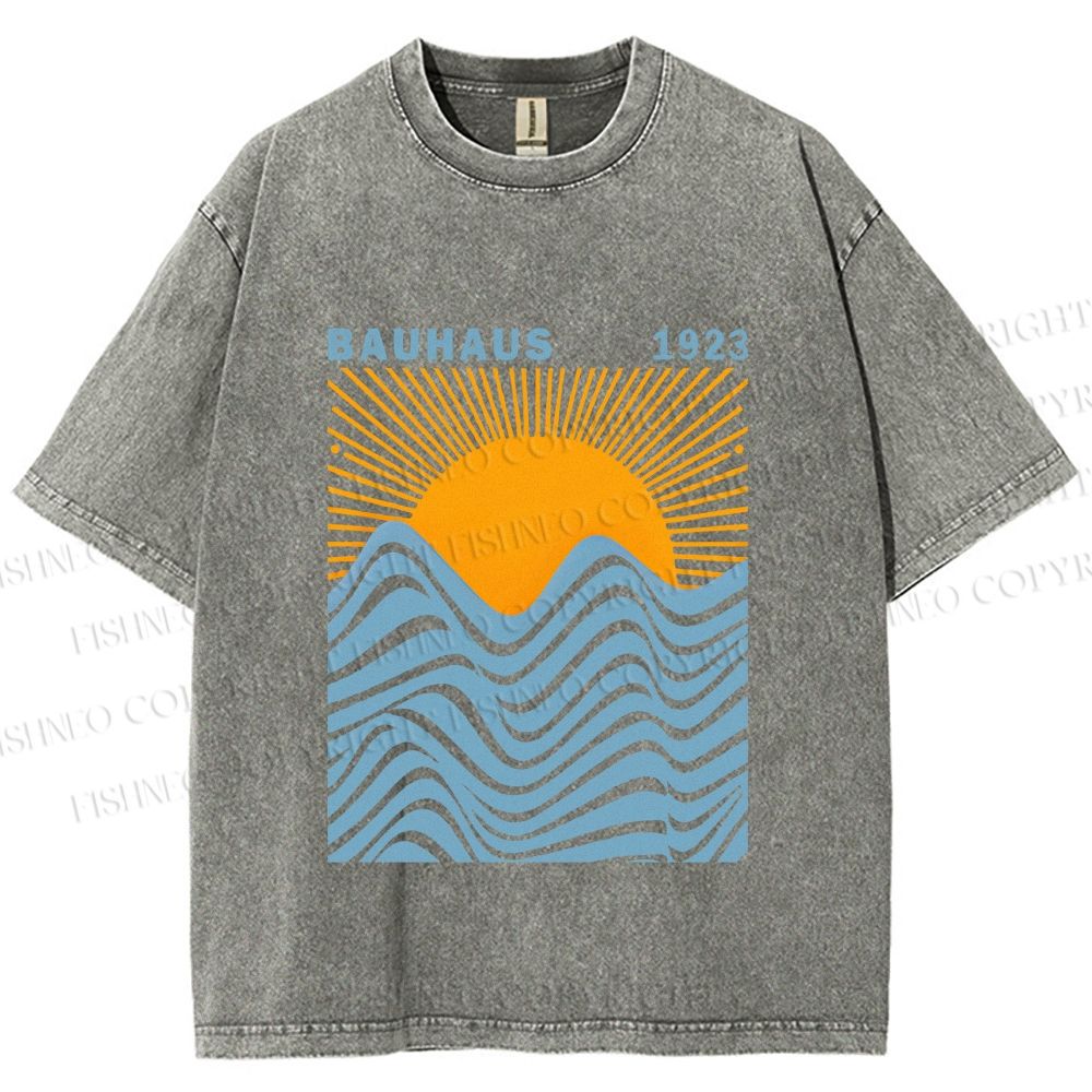 Unisex Bauhaus Sea Wave Sunset Printed Washed Tee