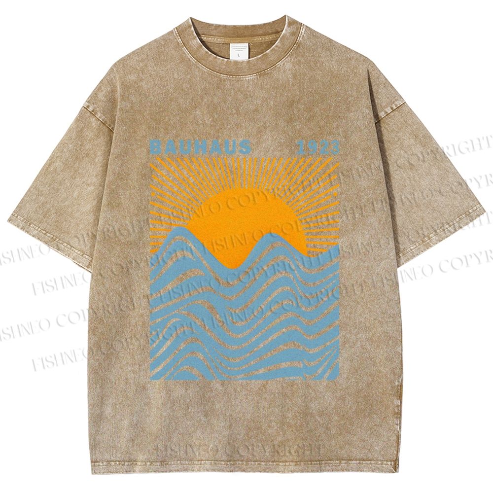 Unisex Bauhaus Sea Wave Sunset Printed Washed Tee