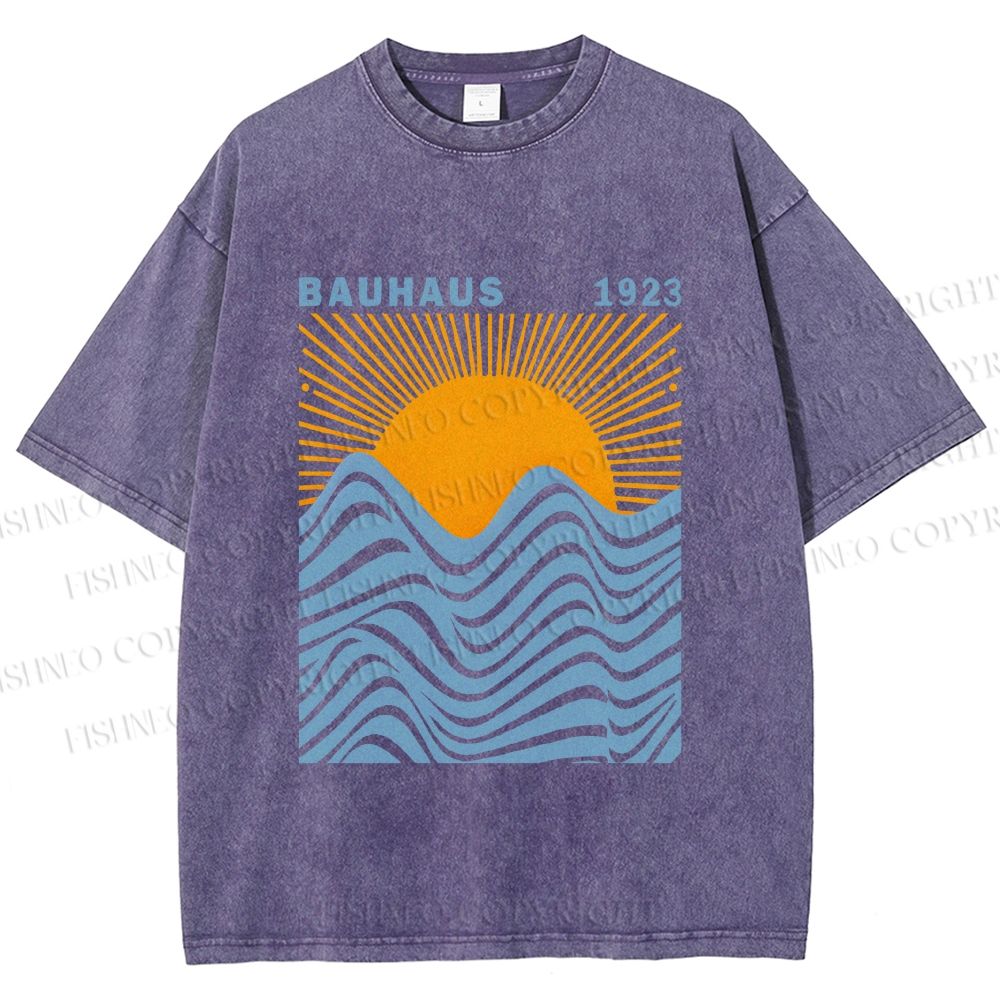 Unisex Bauhaus Sea Wave Sunset Printed Washed Tee