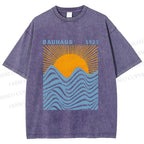 Unisex Bauhaus Sea Wave Sunset Printed Washed Tee
