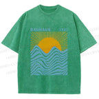 Unisex Bauhaus Sea Wave Sunset Printed Washed Tee