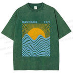 Unisex Bauhaus Sea Wave Sunset Printed Washed Tee